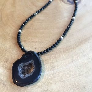 Black Garnet and Geode Agate Adjustable Necklace